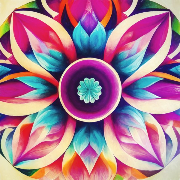 Farbenfrohes Mandala in der Form einer Blume in türkis, pink, orange, violett, grün und zartem rosa