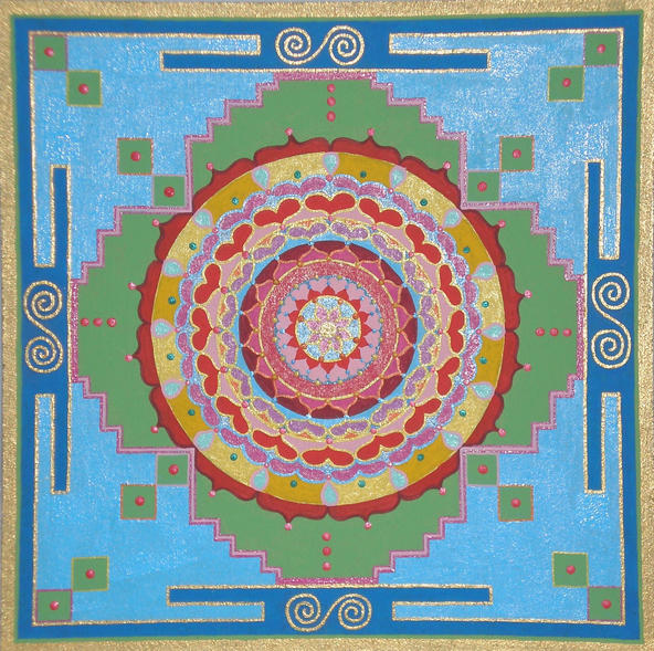 Buddhistisches Mandala in rot, hellblau, grün, rosa und gold auf türkisem Grund