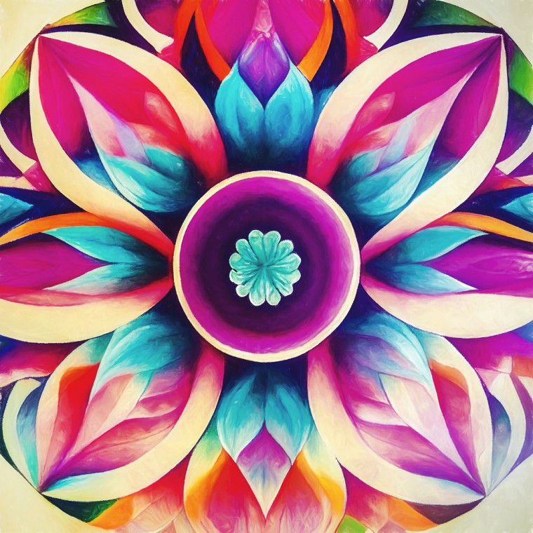 Farbenfrohes Mandala in der Form einer Blüte in türkis, pink, orange, violett, grün und zartem rosa